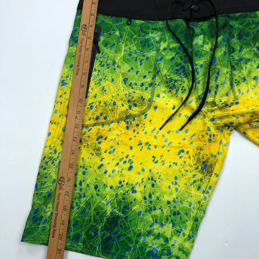 Pelagic Hydro-Lite Pro Board Shorts Mens 34 Green Yellow Dorado Fishing 10989-00